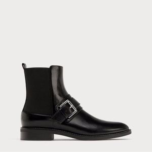 ZARA FLAT BLACK ANKLE VEGAN FAUX LEATHER BOOTS WITH BUCKEL NEW WITH TAGS US 7.5